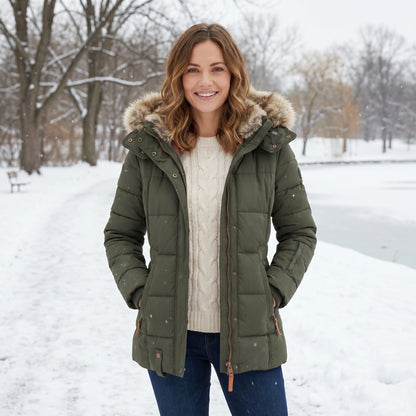 Close up view of the Womens Fitted Winter Puffer Jacket showing the high quality fabric and intricate stitching details against a neutral background.