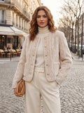 Close up of the Womens Cropped Autumn Coat showing the rich fabric texture and precise stitching details against a neutral background.