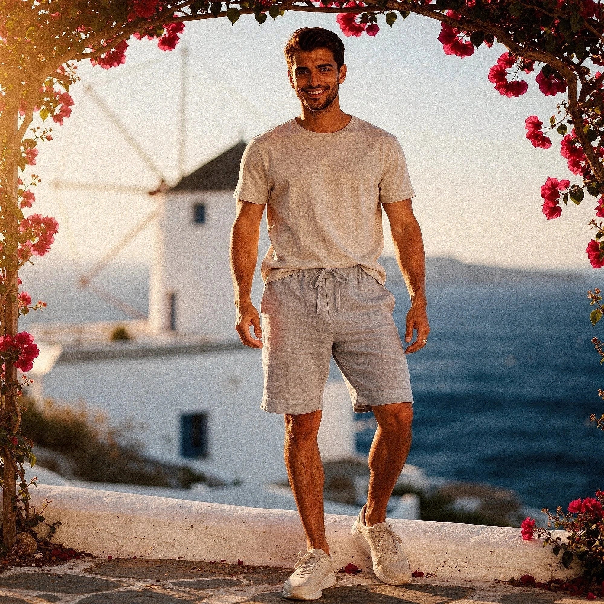 Lightweight casual shorts in light gray, made from breathable fabric, featuring pockets and an elastic waistband, view