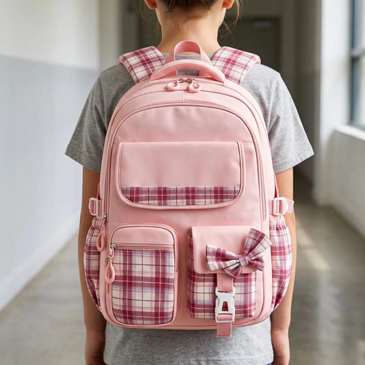 View of a stylish checkered school backpack featuring comfort straps and a spacious compartment