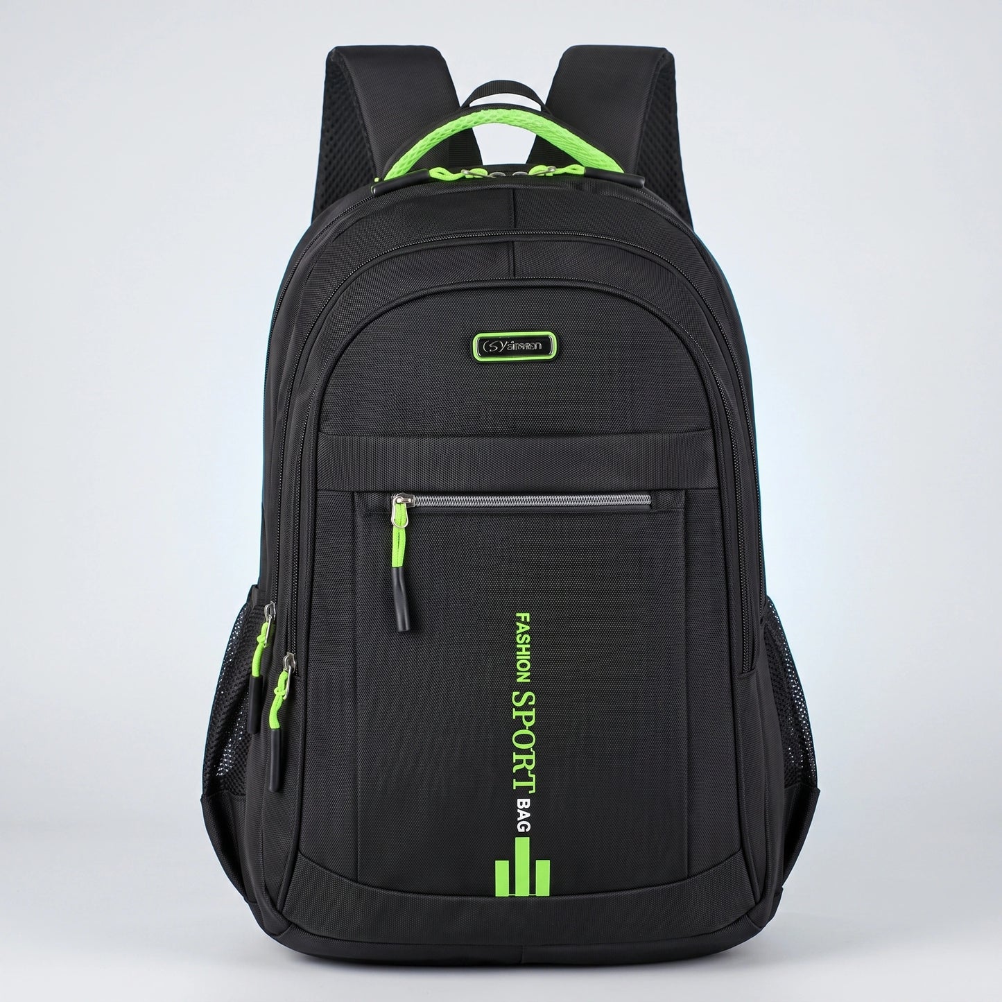 Close up view of the men's waterproof school backpack showing its durable Oxford fabric, intricate stitching, and design details for urban commuters.