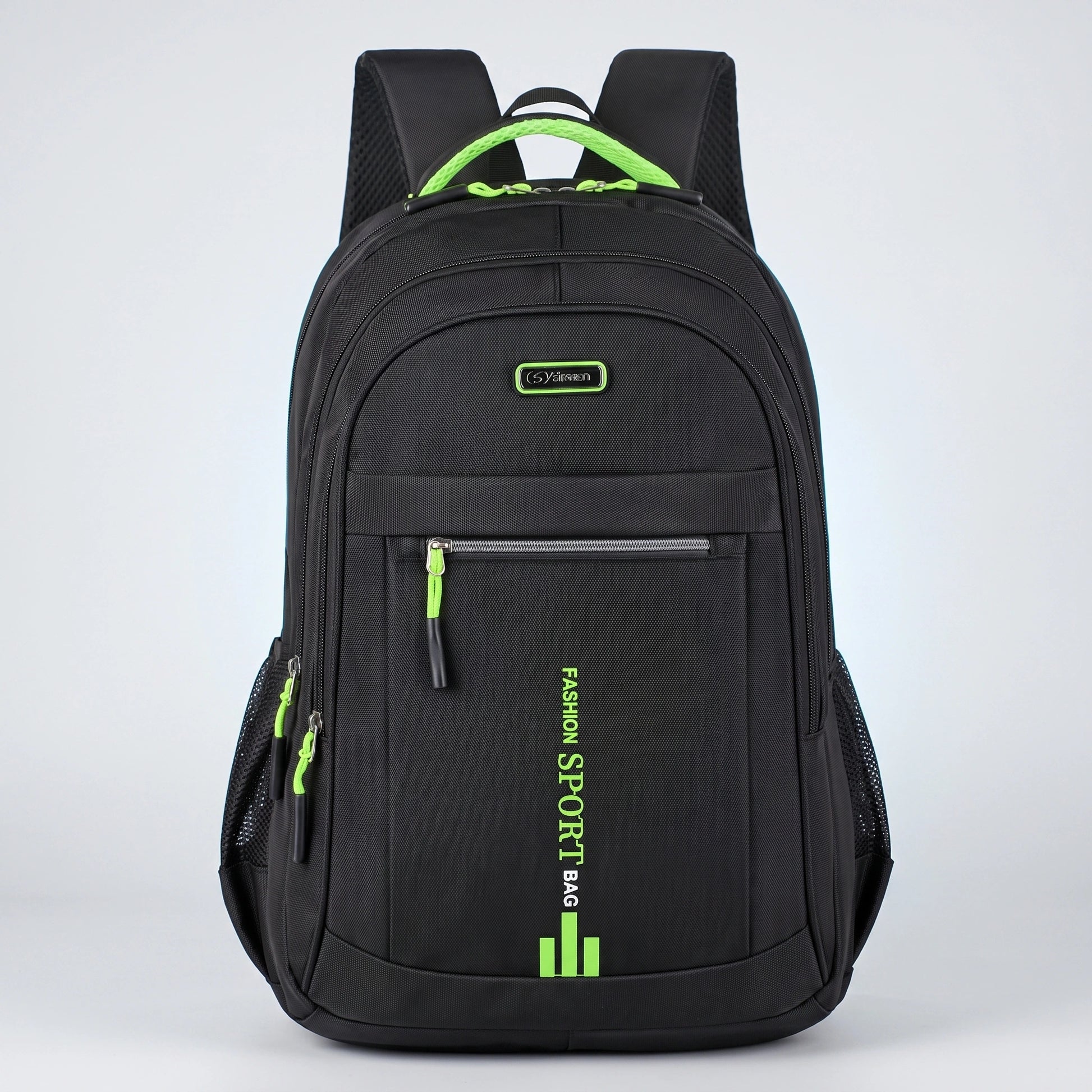 Close up view of the men's waterproof school backpack showing its durable Oxford fabric, intricate stitching, and design details for urban commuters.