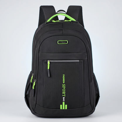 Close up view of the men's waterproof school backpack showing its durable Oxford fabric, intricate stitching, and design details for urban commuters.
