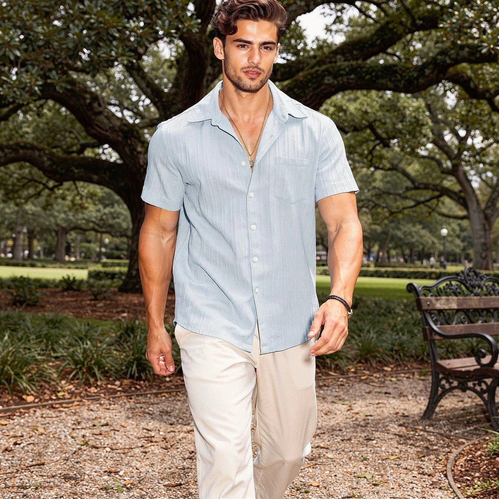 View of a light beige linen shirt featuring a relaxed fit, short sleeves, and a breathable texture