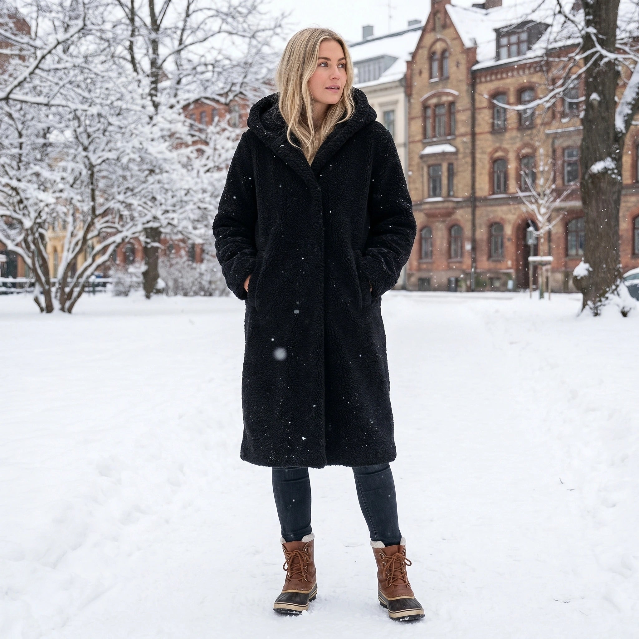 Close up of the Womens Relaxed Classic Winter Coat showing the soft fabric texture, precise stitching, and design in a rich navy color.