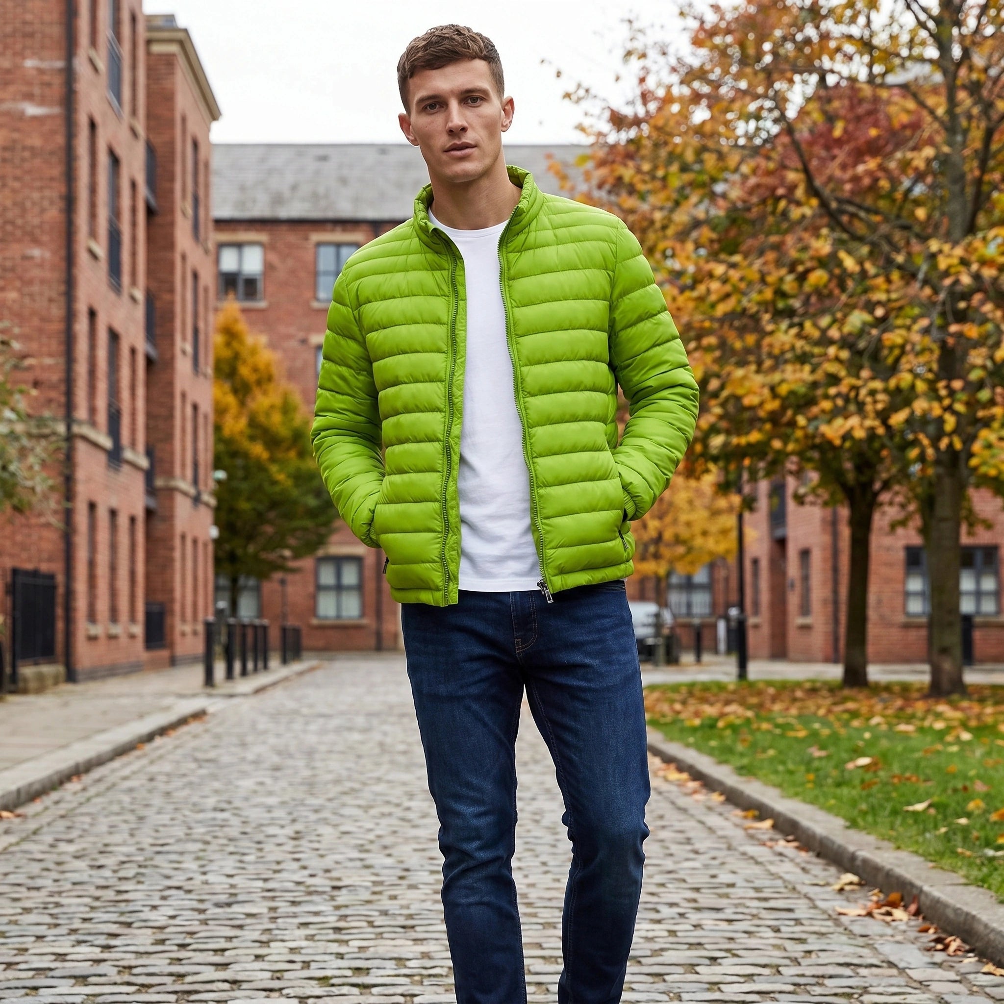 Close up view of the Mens Lightweight Slim Transitional Puffer Jacket showing its sleek fabric texture and precise stitching details against a neutral background.