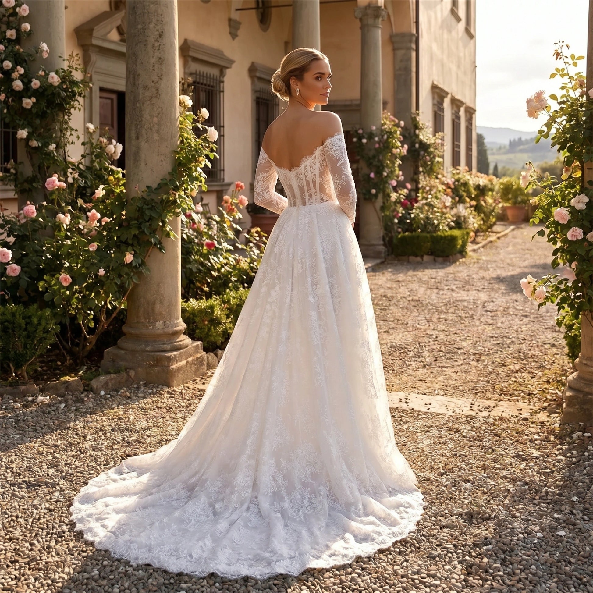Close up view of the Womens Timeless Wedding Dress showing intricate lace detailing and delicate stitching against a soft, neutral background.