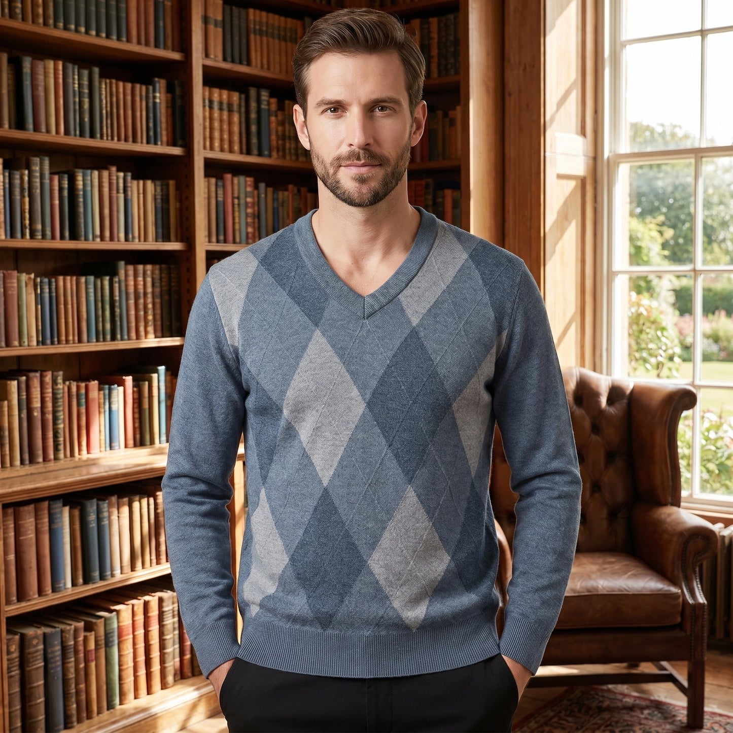 A model showcases the Mens Classic Refined Argyle V Neck Sweater in a rich navy color, styled with tailored trousers against a minimalist backdrop.