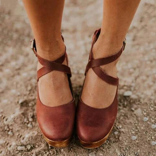 View of elegant summer sandal in soft beige leather with a stylish ankle strap and comfortable heel