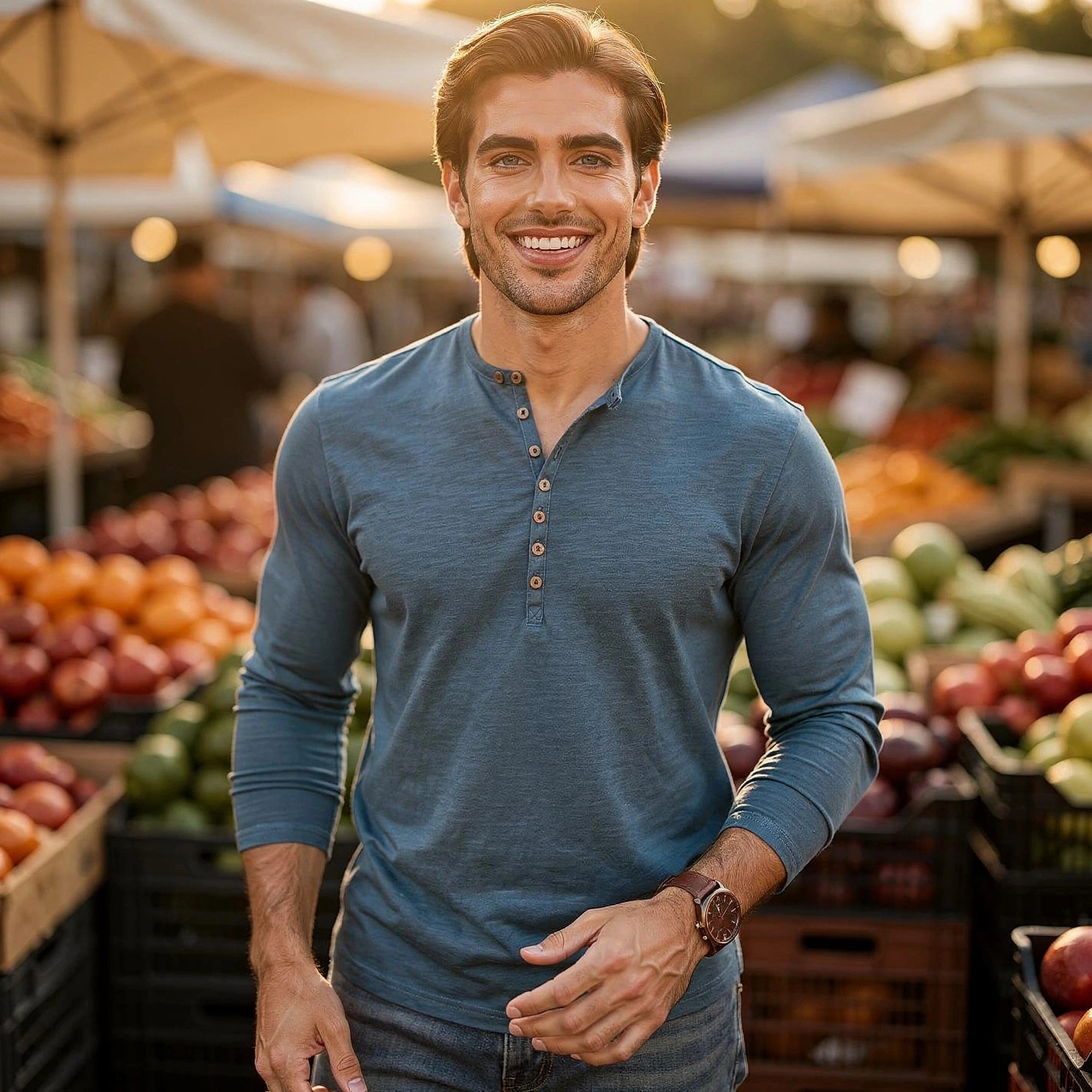 View of a light gray long sleeve henley shirt made from soft cotton, featuring a three button placket and ribbed cuffs