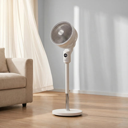 Profile of a sleek oscillating pedestal fan showcasing its streamlined design and adjustable height feature for optimal airflow