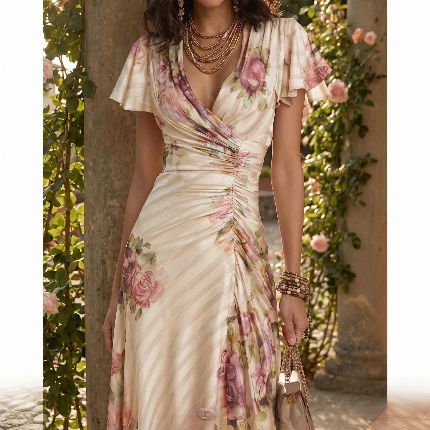Close up view of the floral print fabric showing intricate stitching and ruffle details of the V neck A line dress in soft pastel colors.