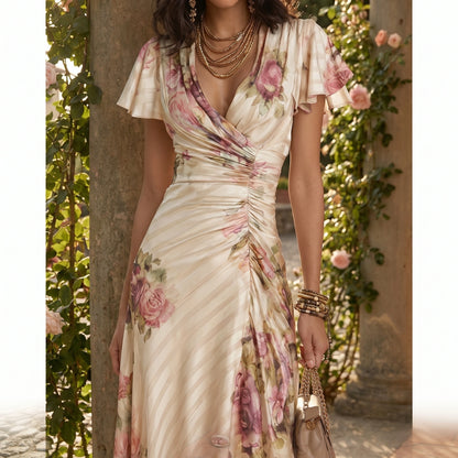 Close up view of the floral print fabric showing intricate stitching and ruffle details of the V neck A line dress in soft pastel colors.