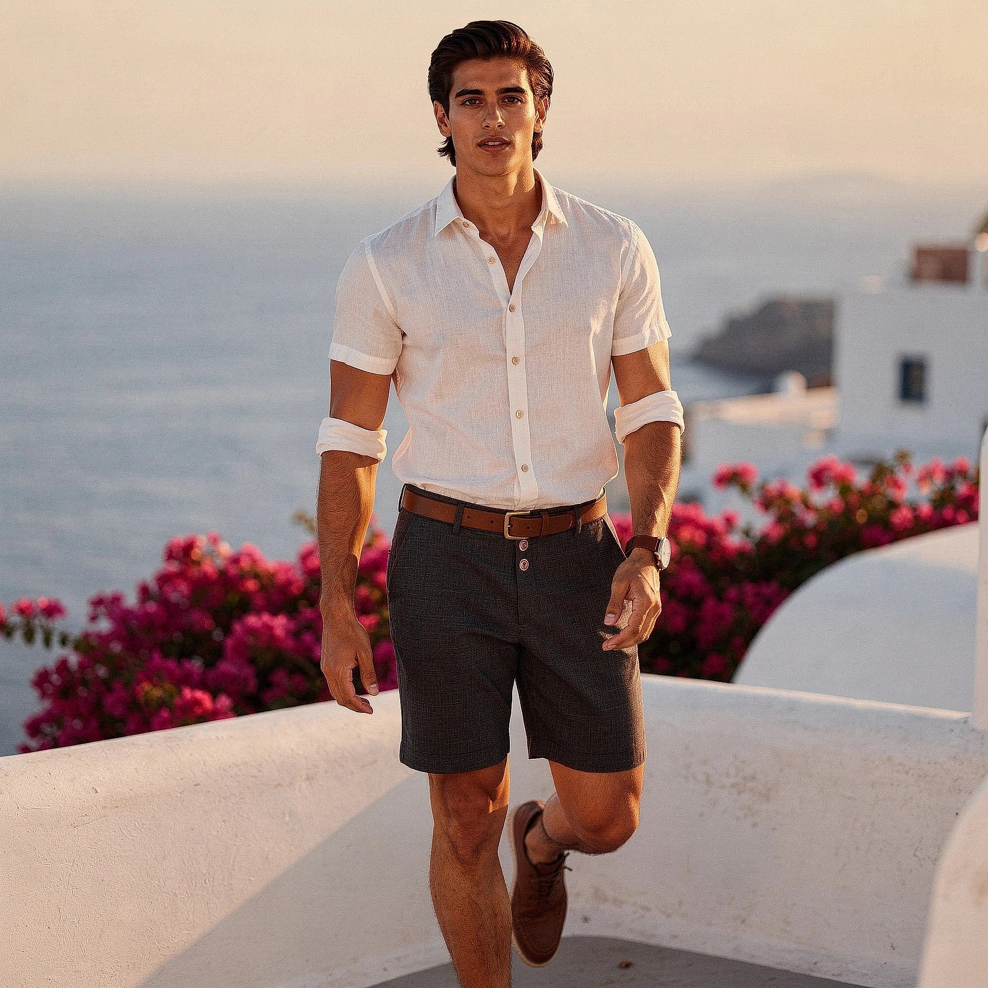 View of tailored linen knee length shorts in light beige, featuring a smooth texture and a classic cut