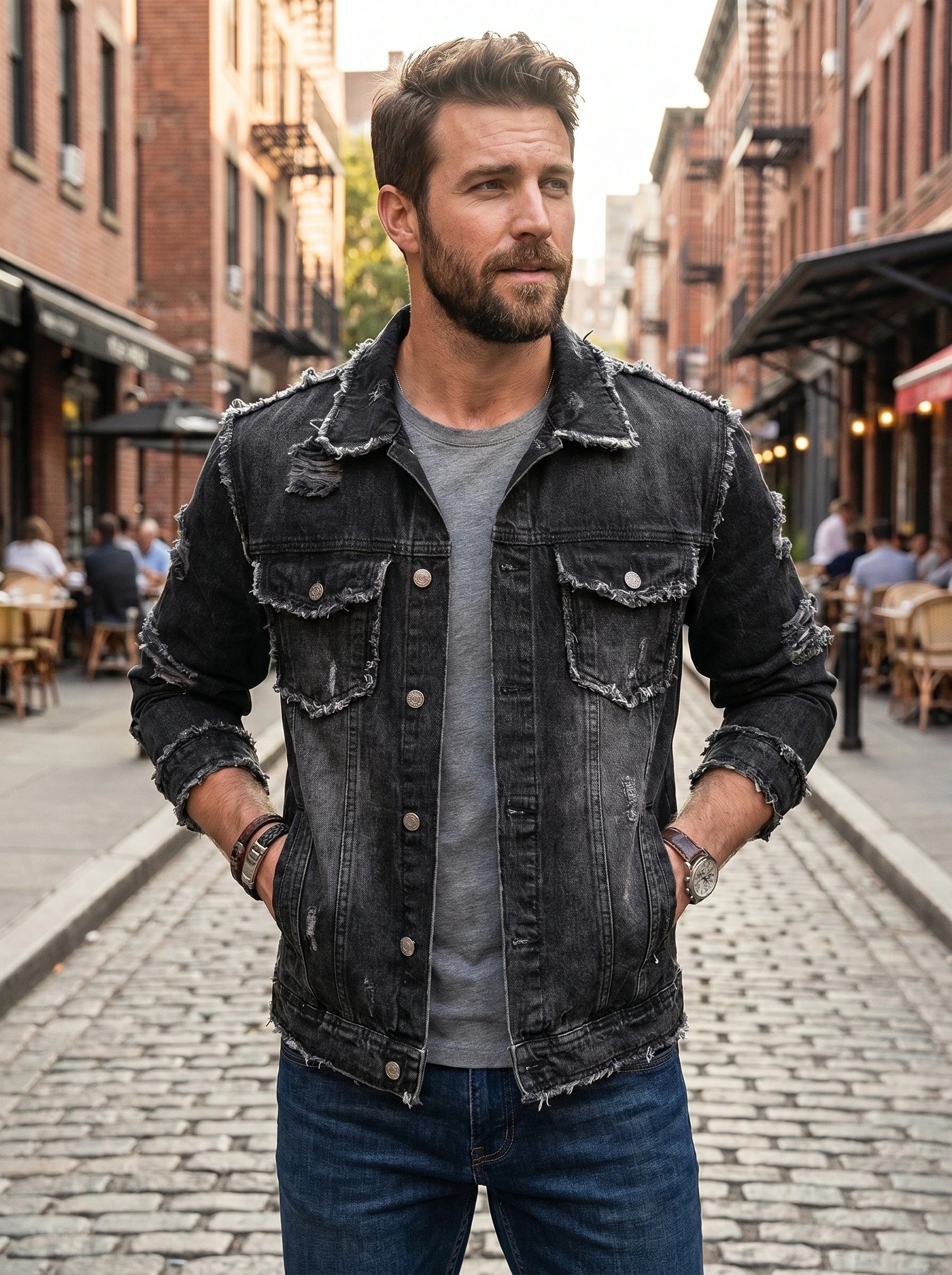 Back view of a model showing a mens casual sturdy relaxed denim jacket in a classic blue wash, showing its durable construction and design.