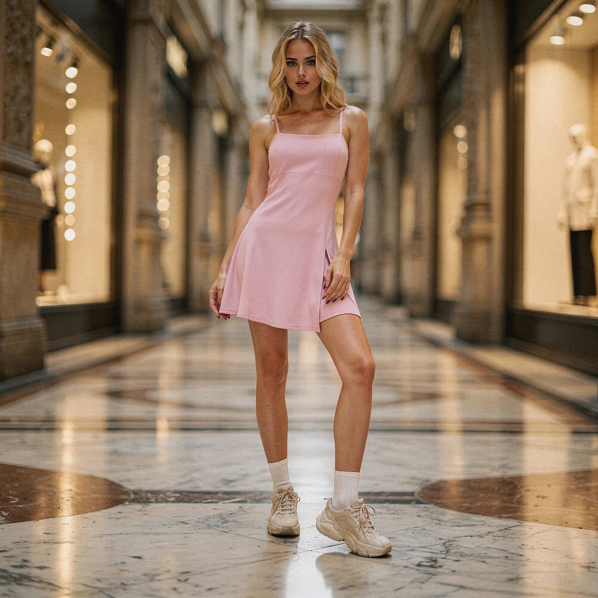 View of a flowy summer dress featuring a light floral pattern, soft fabric, and adjustable spaghetti straps