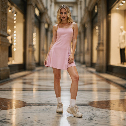 View of a flowy summer dress featuring a light floral pattern, soft fabric, and adjustable spaghetti straps