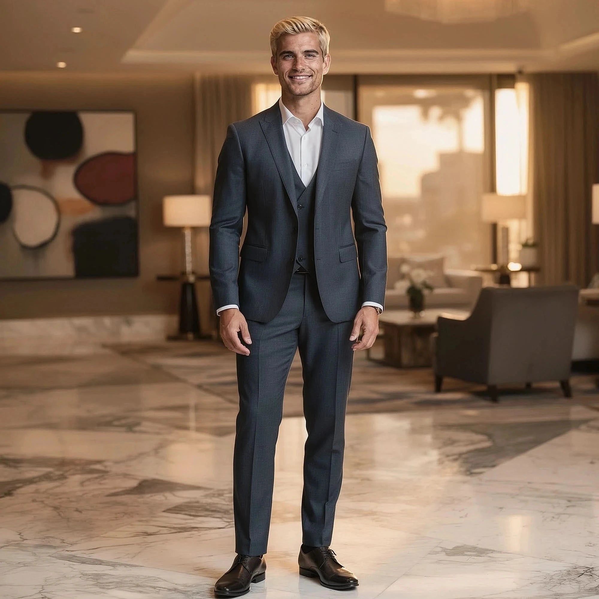 View of a tailored three piece suit set in charcoal gray, featuring a slim fit, notch lapels, and subtle texture