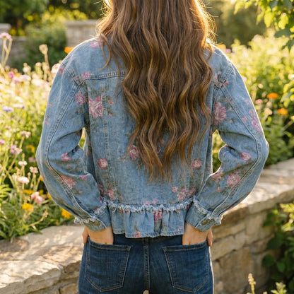 Close up of the Womens Vintage Ruffle Peplum Top showing the delicate fabric texture and intricate stitching in a denim blue color.