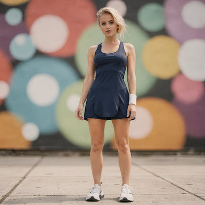 View of a chic summer tennis dress in light blue, featuring a fitted bodice, flared skirt, and breathable fabric