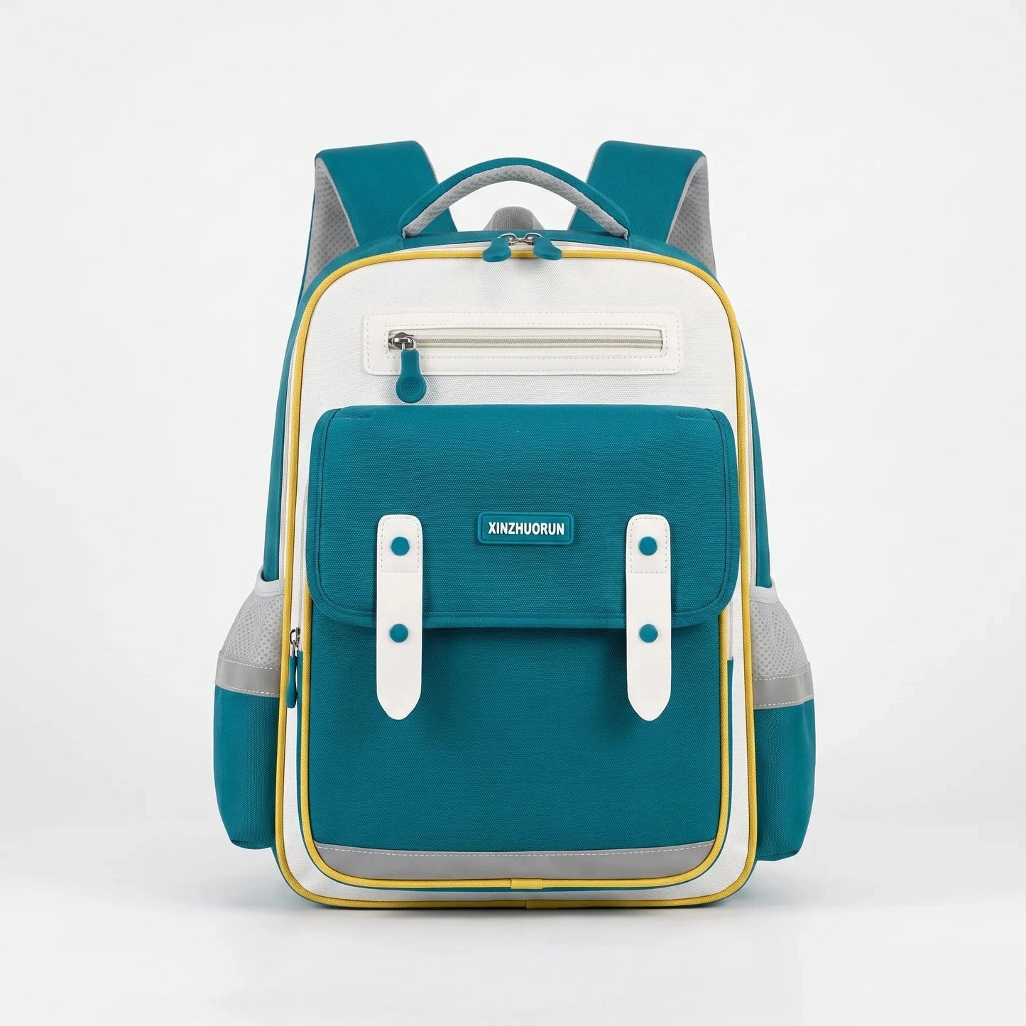 View of a stylish molded nylon school backpack for kids, featuring a vibrant blue color and adjustable straps