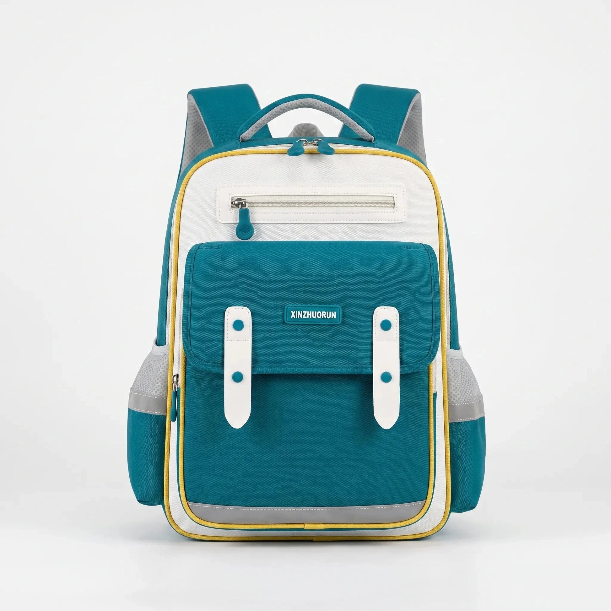 View of a stylish molded nylon school backpack for kids, featuring a vibrant blue color and adjustable straps