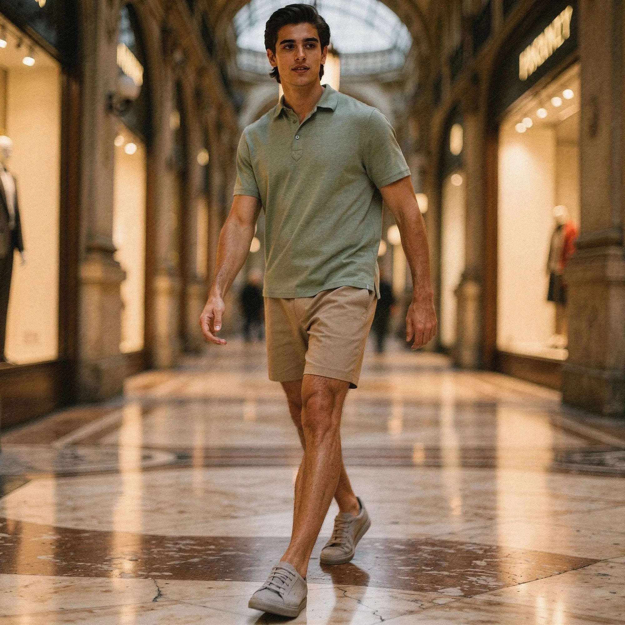 View of a light blue slim fit crew neck polo shirt with short sleeves and soft cotton material
