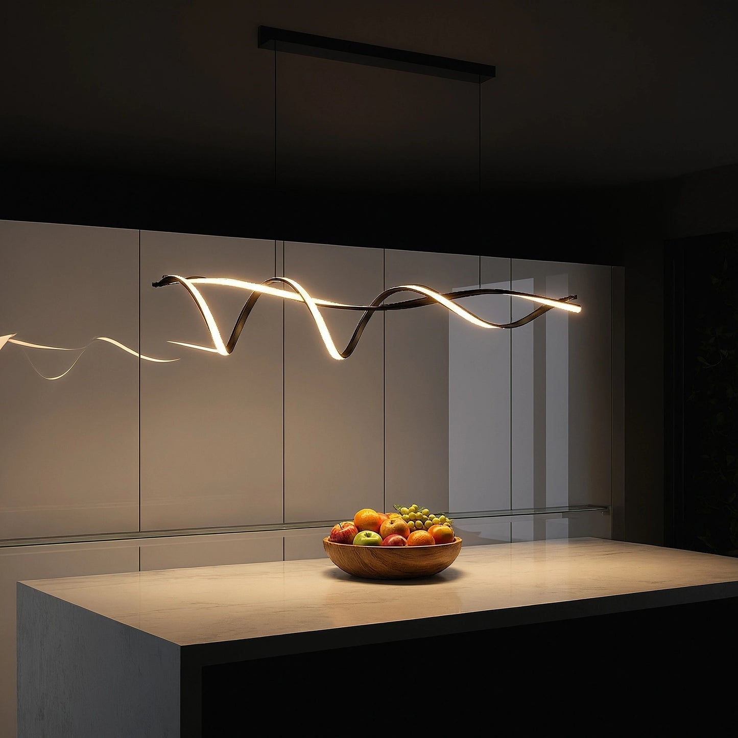 Close up view of the Sculptural LED Overhead Light Fixture showing its wave inspired design and intricate detailing, perfect for enhancing modern interiors.