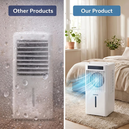 Close up of the versatile adjustable air cooler fan showing its sleek design, remote control feature, and adjustable airflow vents against a neutral background.
