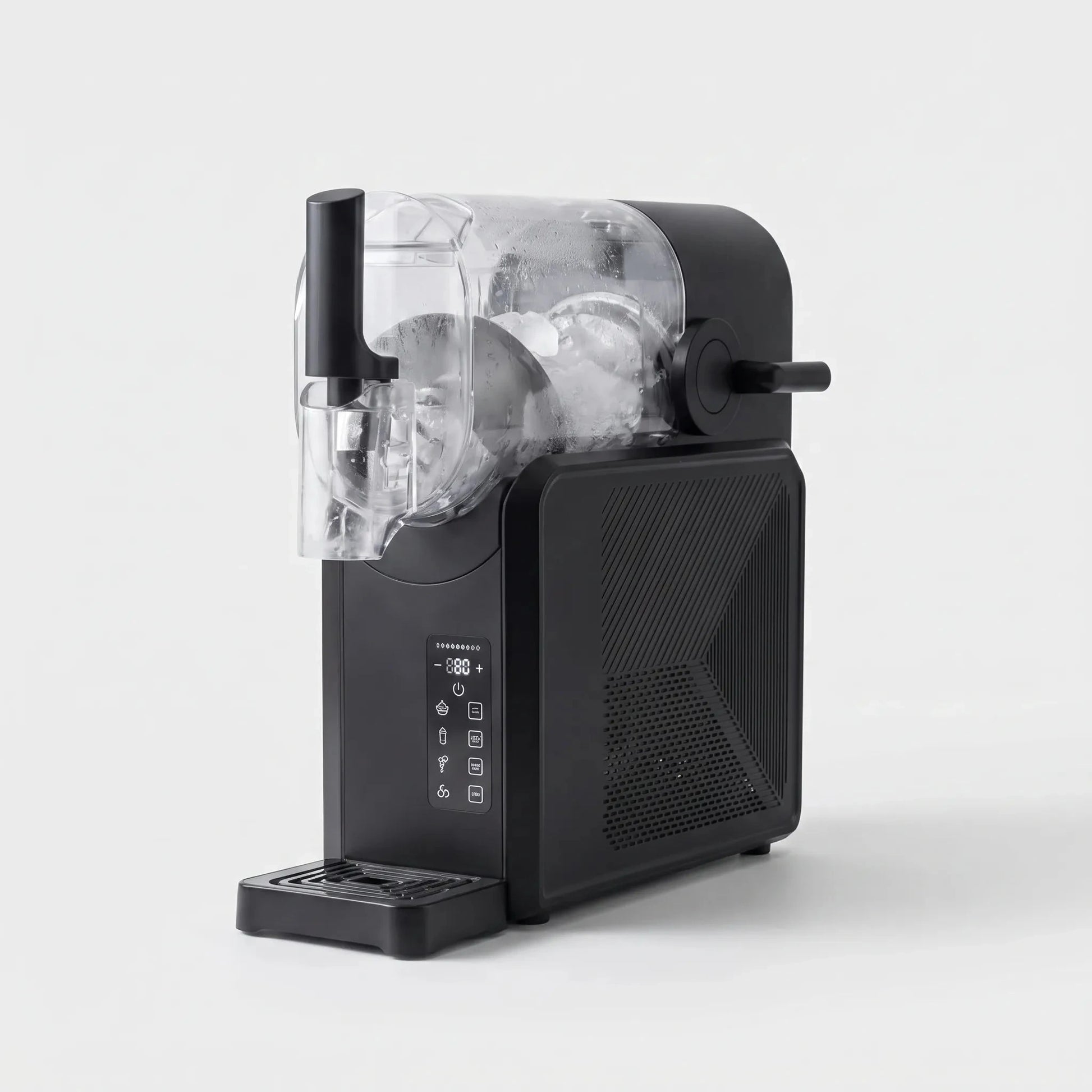 View of a sleek countertop slush machine showcasing the digital control panel and cooling mechanism access point