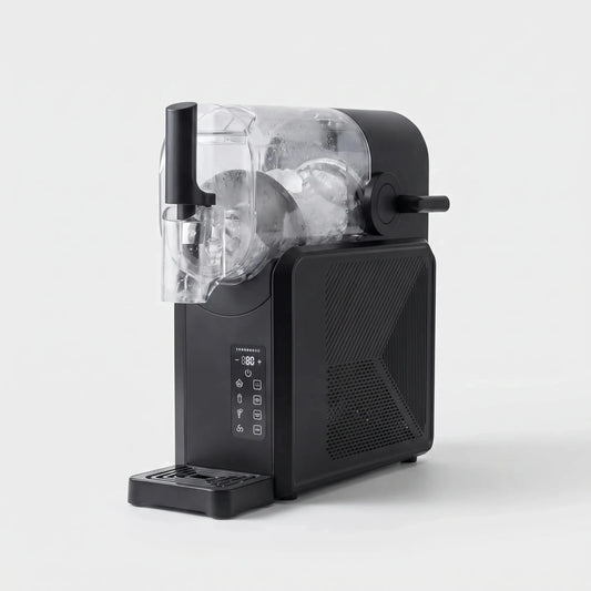 View of a sleek countertop slush machine showcasing the digital control panel and cooling mechanism access point