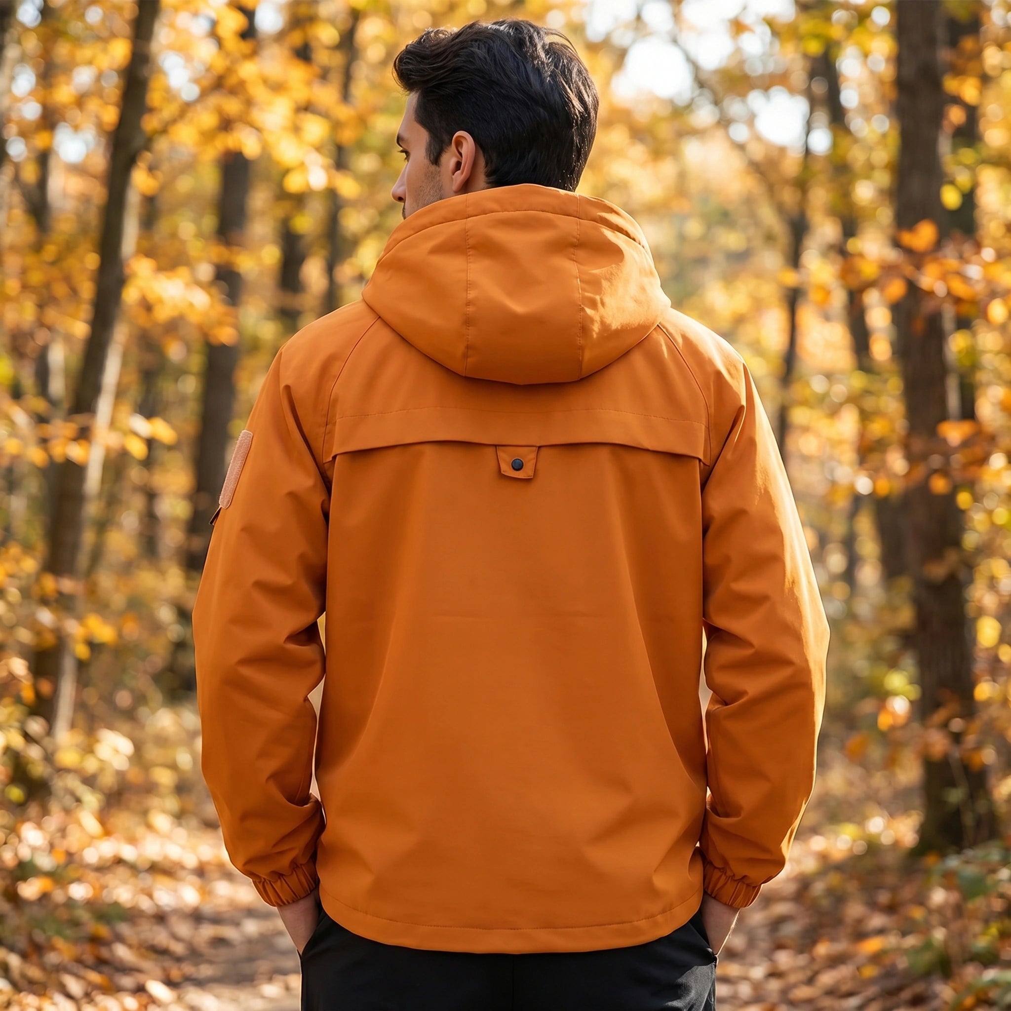 Close up view of the mens casual relaxed autumn hooded jacket showing the soft fabric texture and precise stitching details, perfect for outdoor adventures.