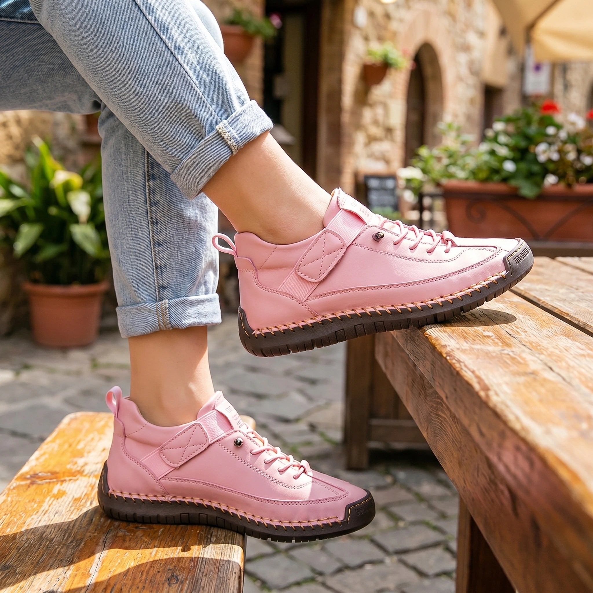 Close up view of the orthopedic sneakers showing the intricate stitching and soft fabric, showing their comfort and modern design against a neutral background.