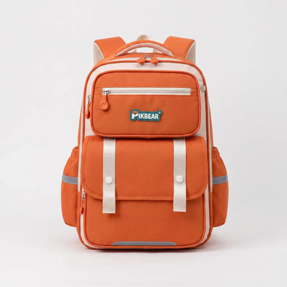 View of a structured ergonomic school backpack in vibrant blue nylon, featuring padded shoulder straps and multiple compartments