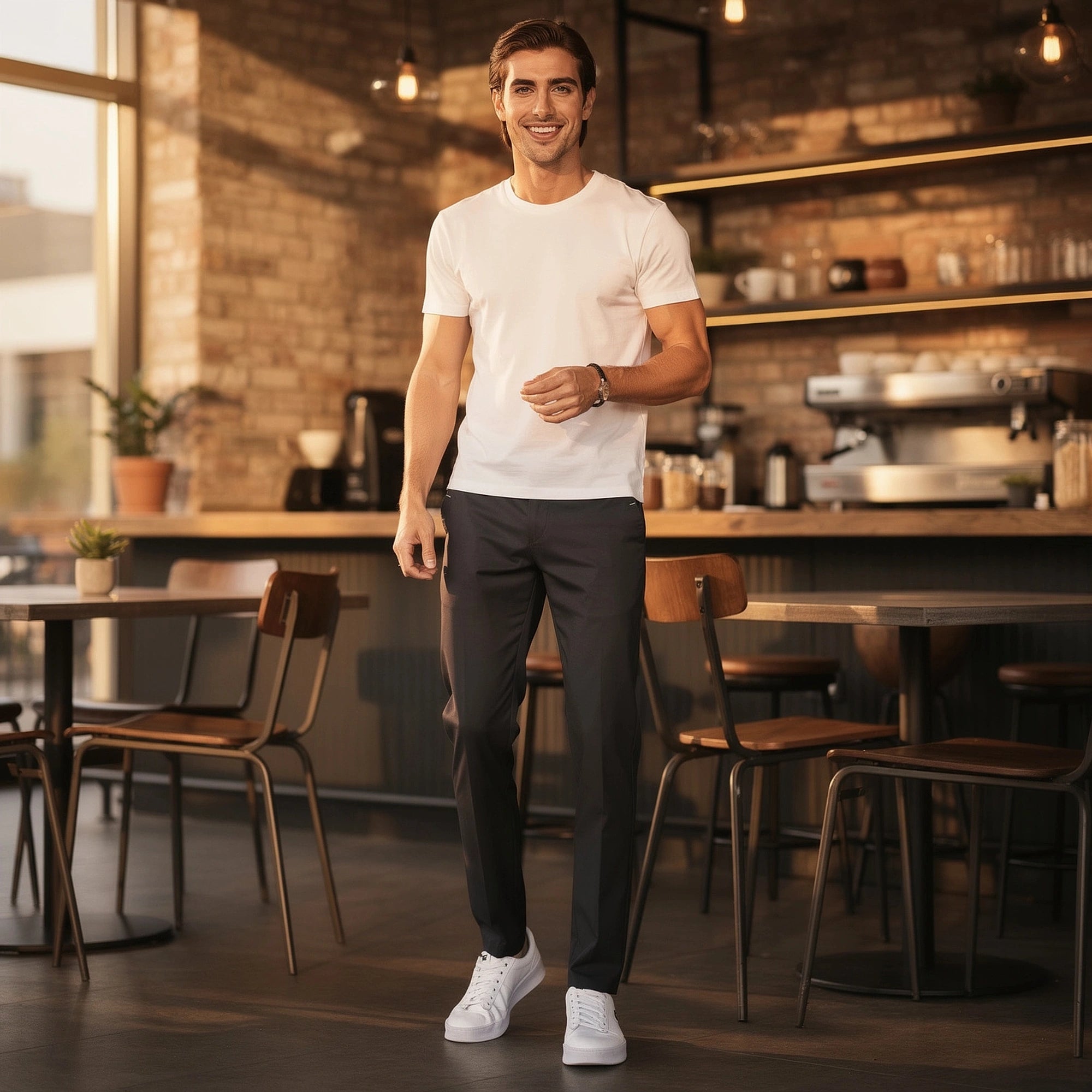 View of comfortable slim fit casual pants in dark gray fabric, featuring pockets and a tailored waistband