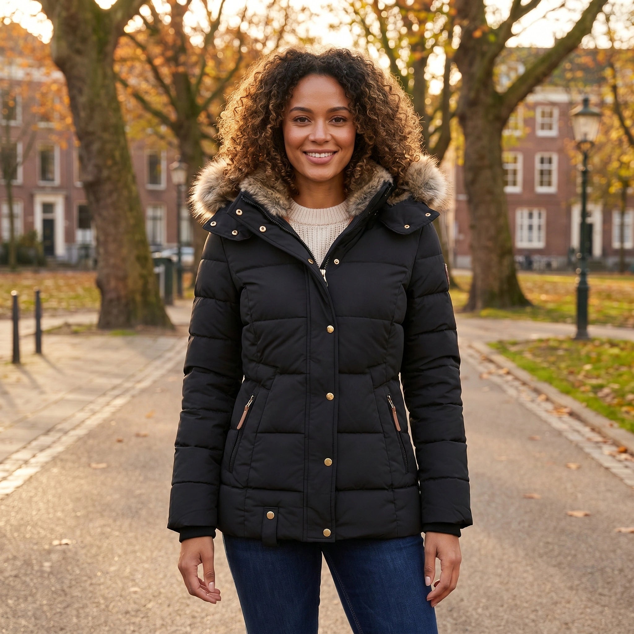 Close up of the Womens Fitted Winter Puffer Jacket showing the premium fabric texture, sleek stitching, and modern design elements against a soft neutral background.