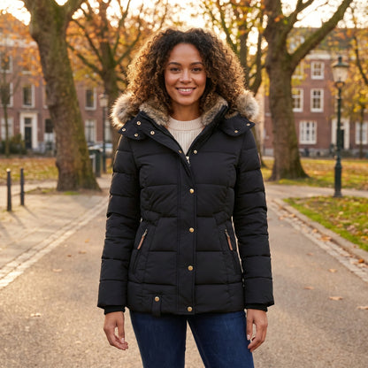 Close up of the Womens Fitted Winter Puffer Jacket showing the premium fabric texture, sleek stitching, and modern design elements against a soft neutral background.