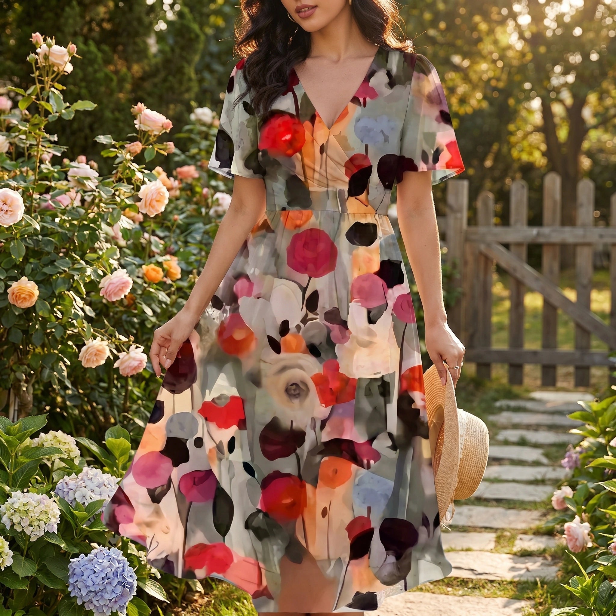 Back view of a model wearing a womens flowy summer dress in soft pastel hues, showing intricate construction details against a serene garden backdrop.