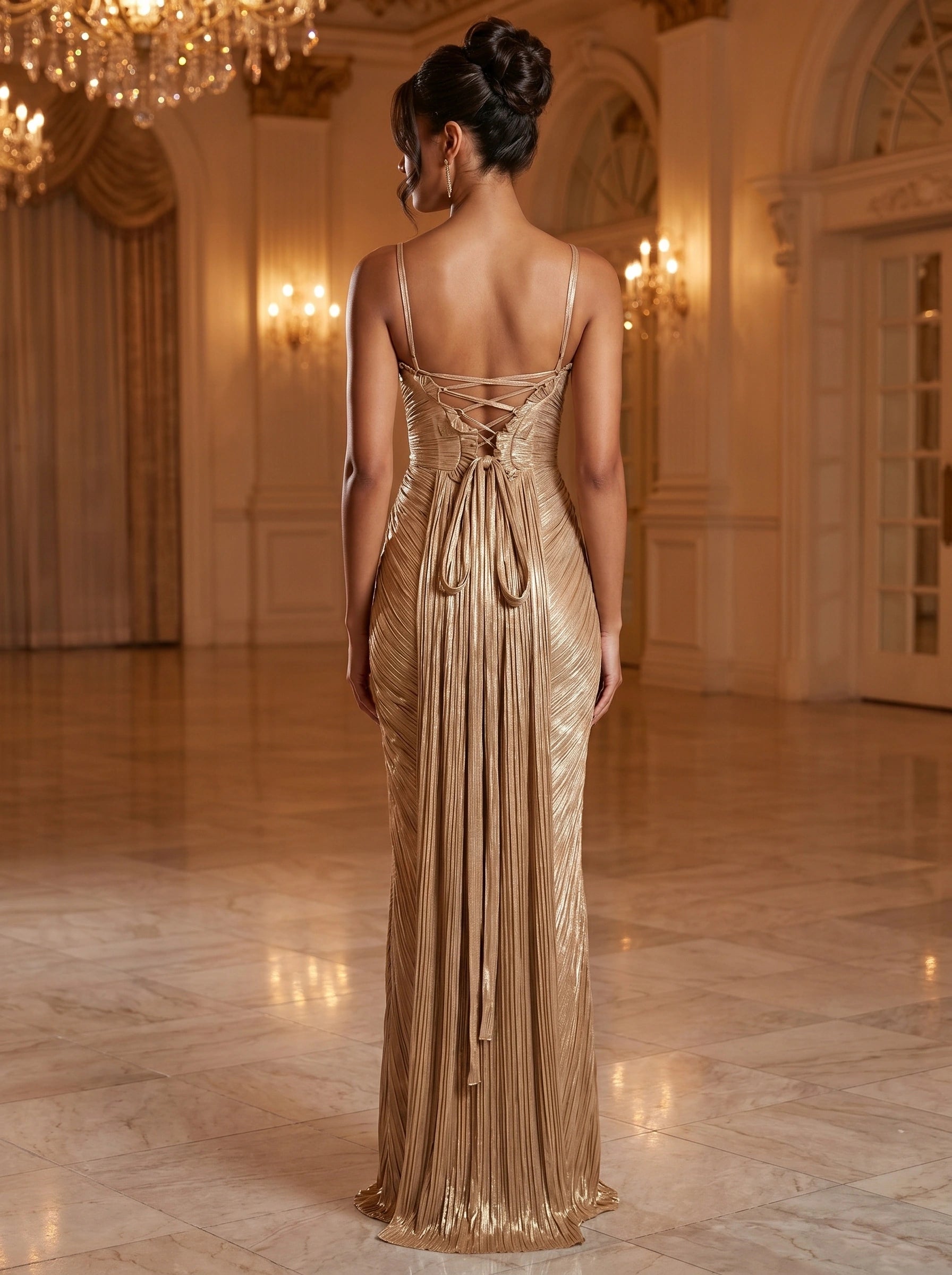 Close up view of the Womens Alluring Evening Maxi Dress showing intricate stitching and luxurious fabric texture, showing its sophisticated design and elegance.