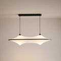 A sleek modern iron pendant light fixture is showcased in a full front view, showing its minimalist design against a white background.