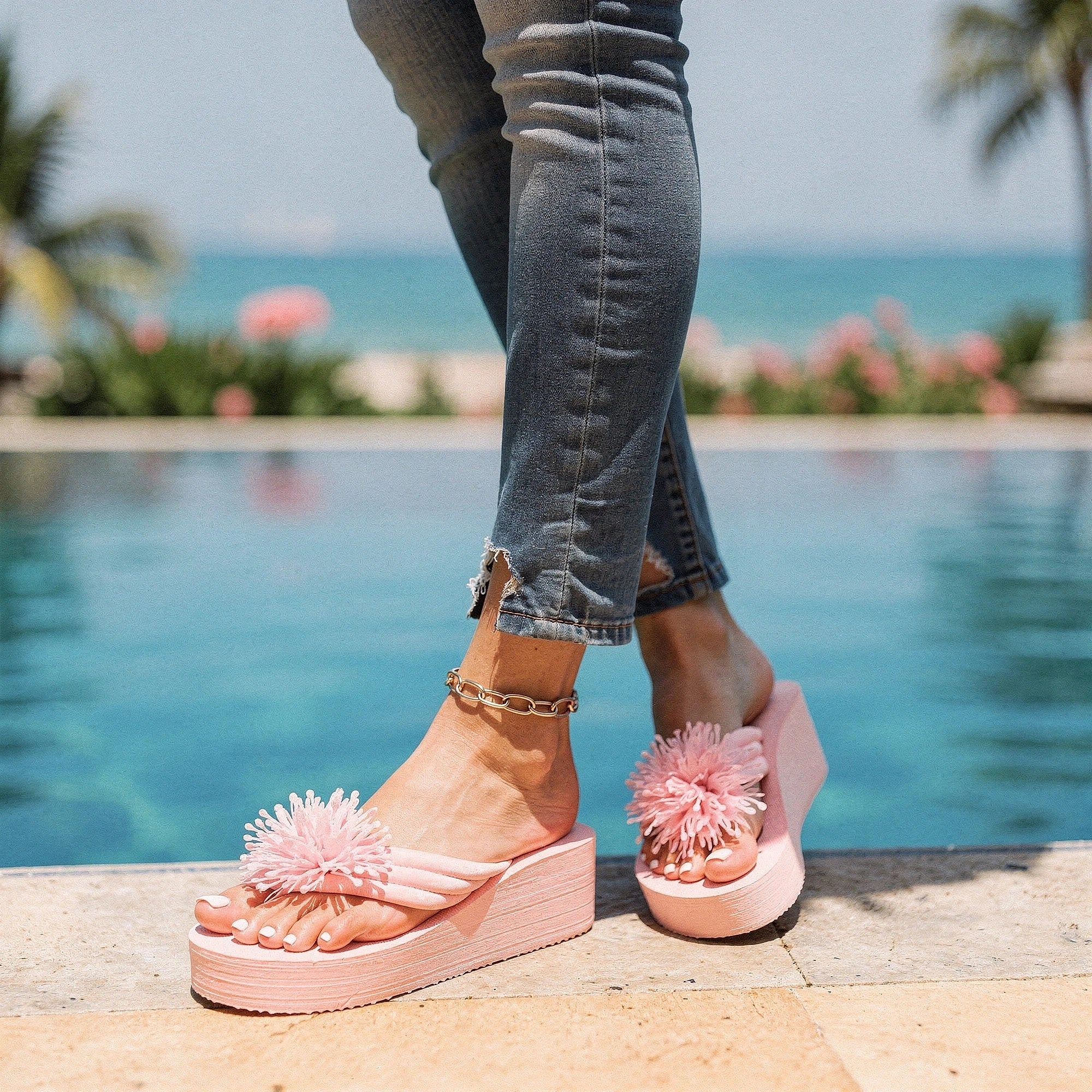 View of charming floral EVA wedge sandals in vibrant colors, featuring a cushioned footbed and stylish wedge heel