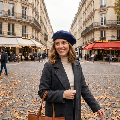 Close up view of the Womens Timeless Classic Wool Beret showing its fine stitching and soft texture, perfect for adding elegance to winter outfits.