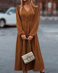 Brown button front V neck maxi fall dress with long sleeves, view