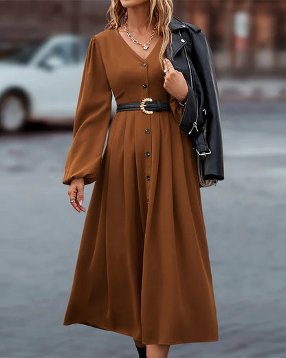 Brown button front V neck maxi fall dress with long sleeves and belt, outdoor setting — view 2 — view 2
