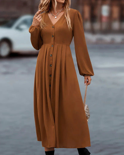 Brown button front V neck maxi fall dress with long sleeves, outdoor setting — view 4 — view 4