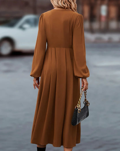 Back view of a brown button front V neck maxi fall dress with long sleeves — 5 — view 5