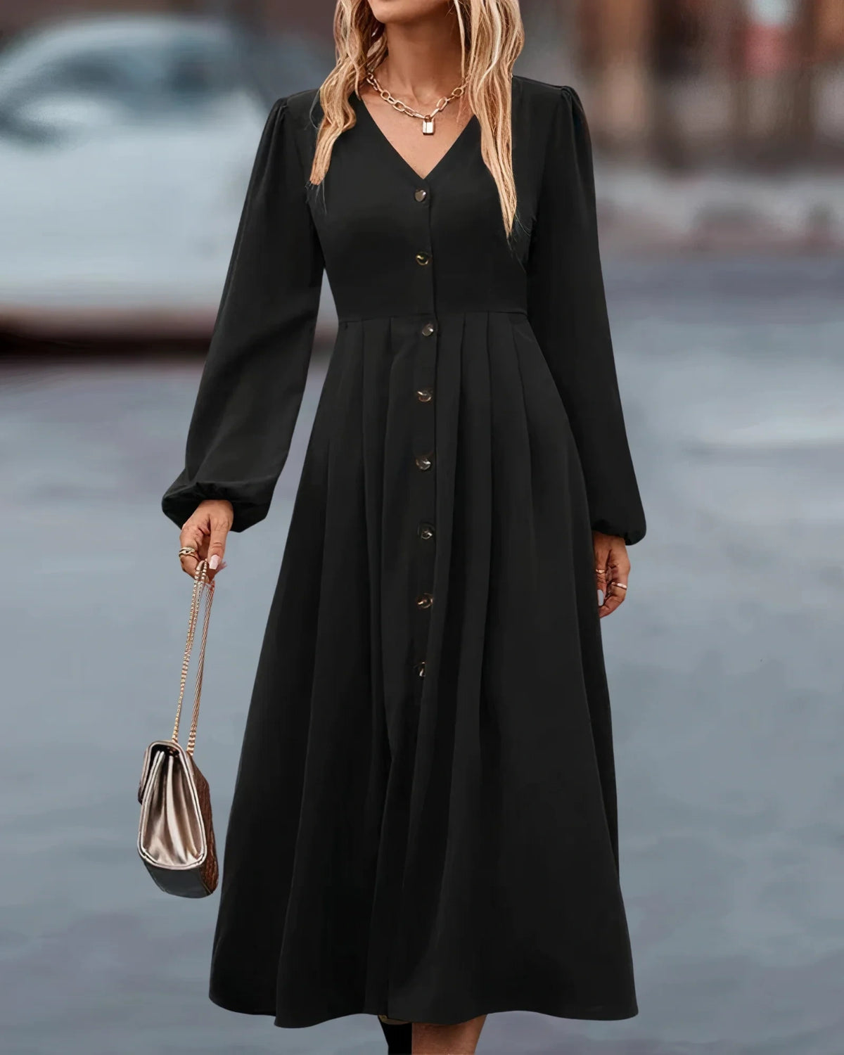 Black button front V neck maxi fall dress with long sleeves, full view — 6 — view 6