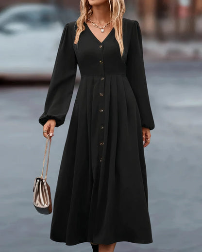 Black button front V neck maxi fall dress with long sleeves, full view — 6 — view 6