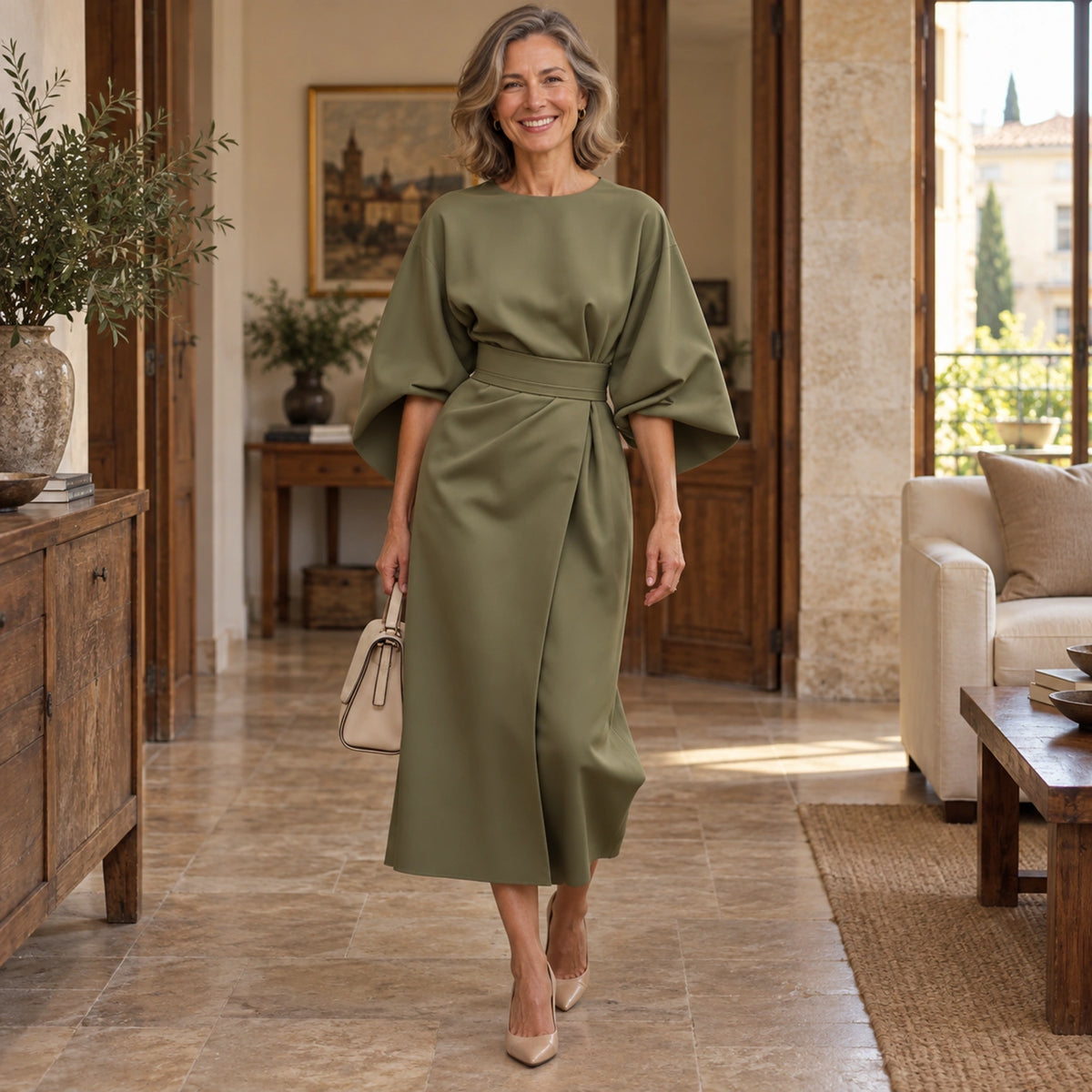 fall dress — Ava Olive Green complete front view, worn by a joyful smiling adult model age 50 in real setting — view 2