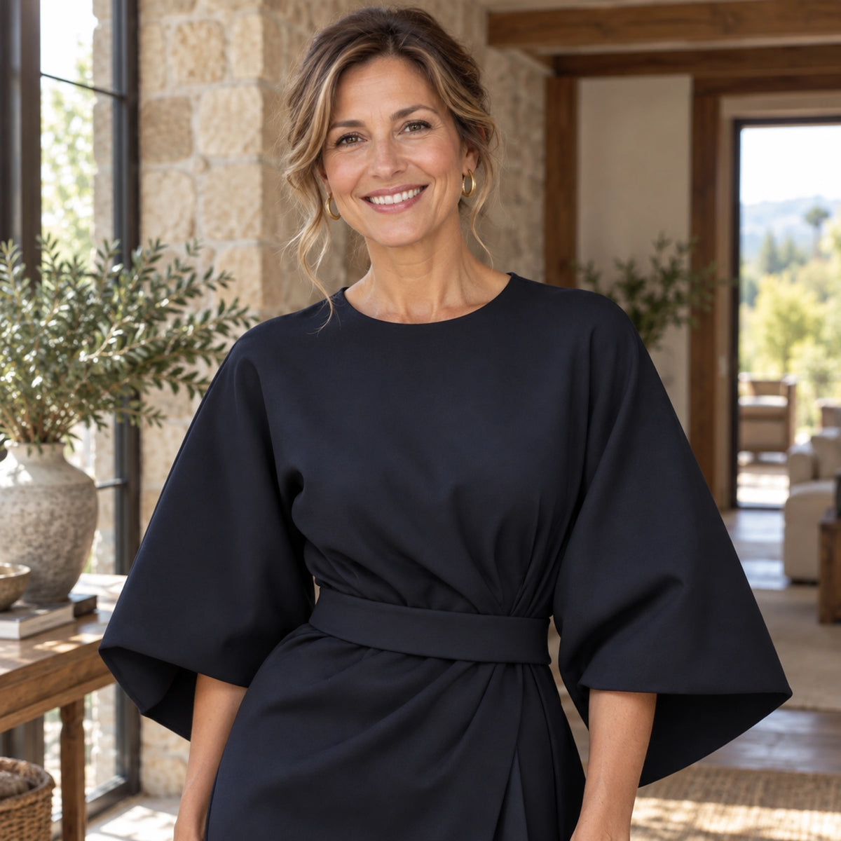 fall dress — Ava Navy neckline detail worn by an adult model in a realistic setting — view 5